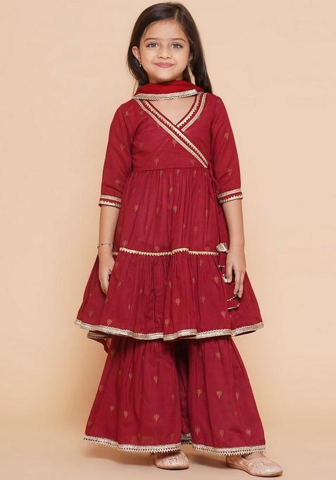 Maroon Printed Sharara With Angrakha Kurta And Dupatta (Set of 3)