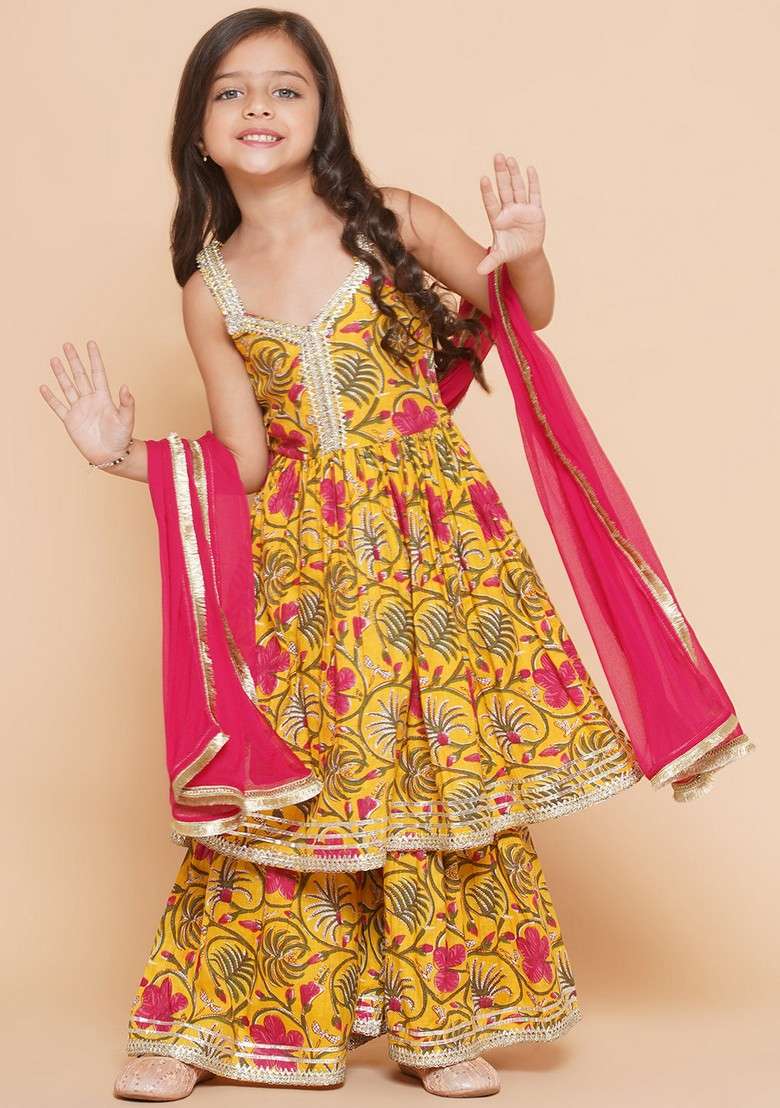 Yellow Floral Print Sharara With Kurta And Dupatta (Set of 3) - Indya