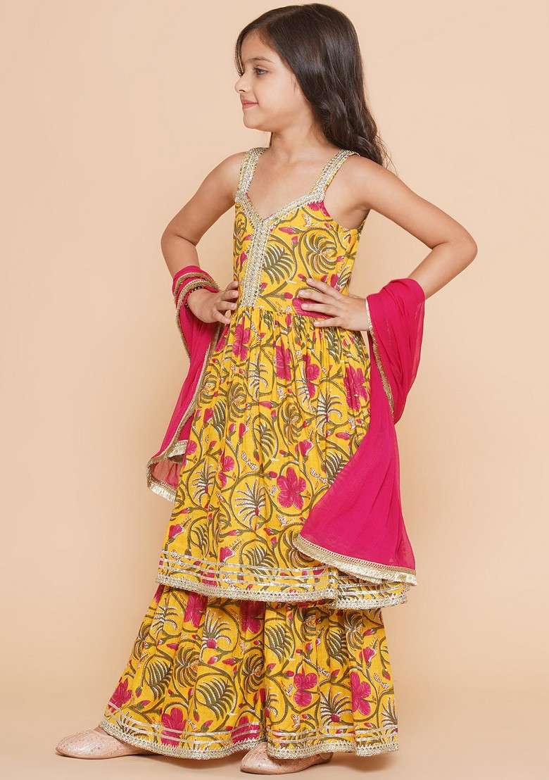Yellow Floral Print Sharara With Kurta And Dupatta (Set of 3) - Indya