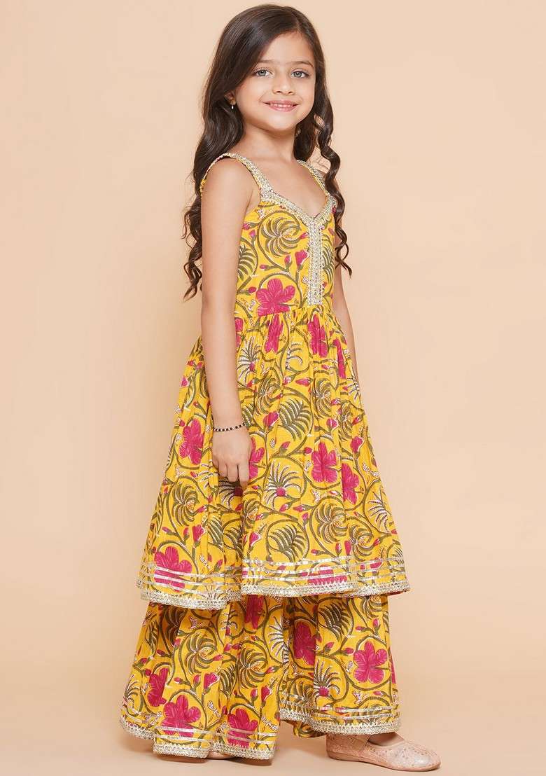 Yellow Floral Print Sharara With Kurta And Dupatta (Set of 3) - Indya