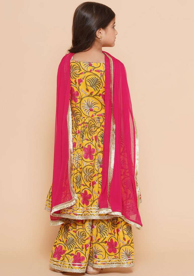 Yellow Floral Print Sharara With Kurta And Dupatta (Set of 3) - Indya