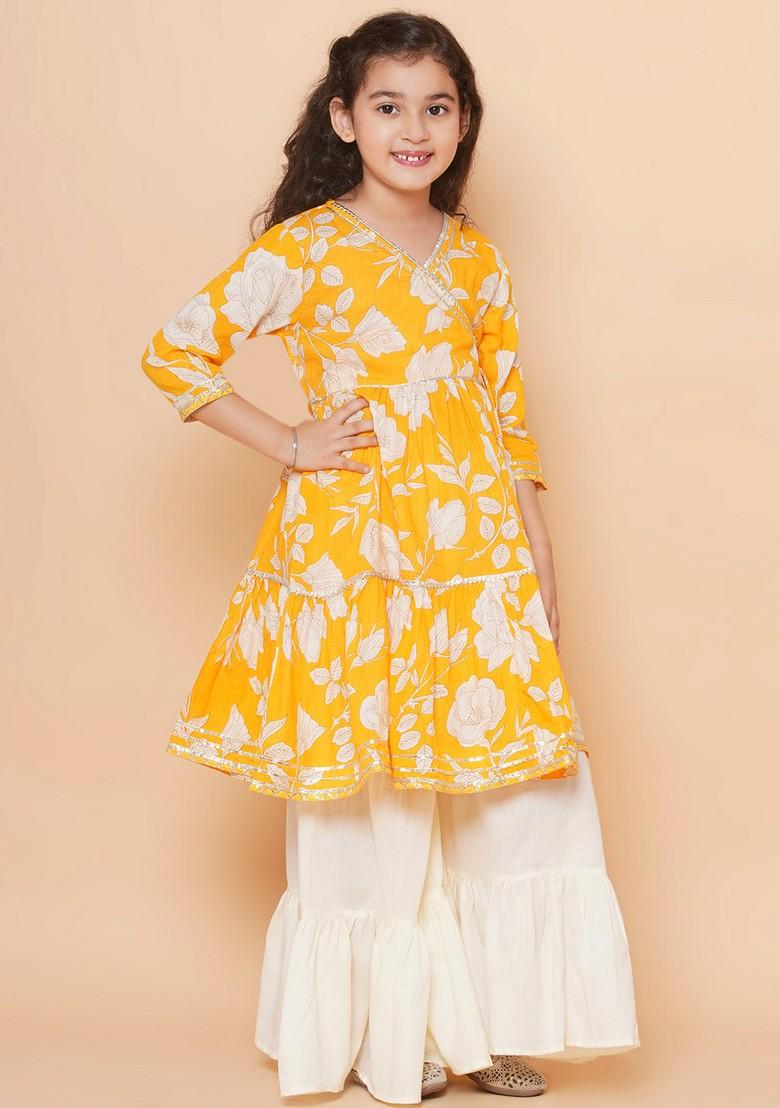 Yellow Floral Print Sharara With Angrakha Kurta And Dupatta (Set of 3)