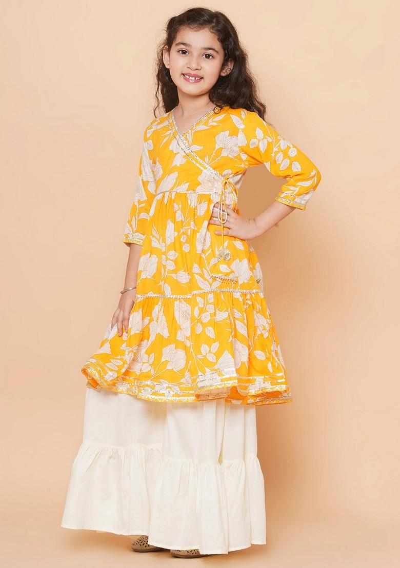 Yellow Floral Print Sharara With Angrakha Kurta And Dupatta (Set of 3)