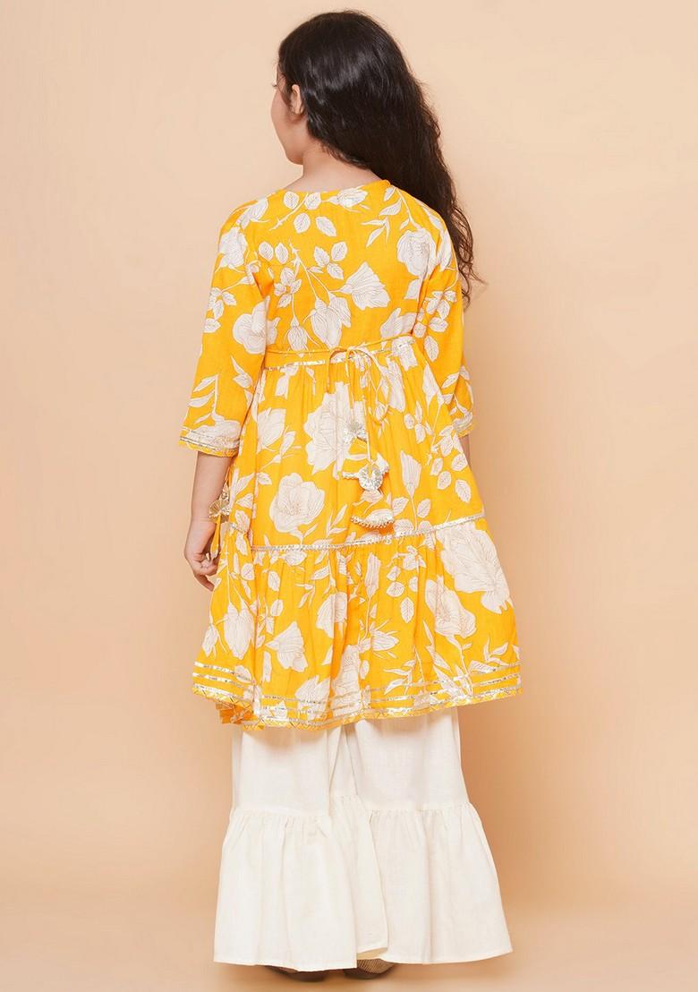 Yellow Floral Print Sharara With Angrakha Kurta And Dupatta (Set of 3)