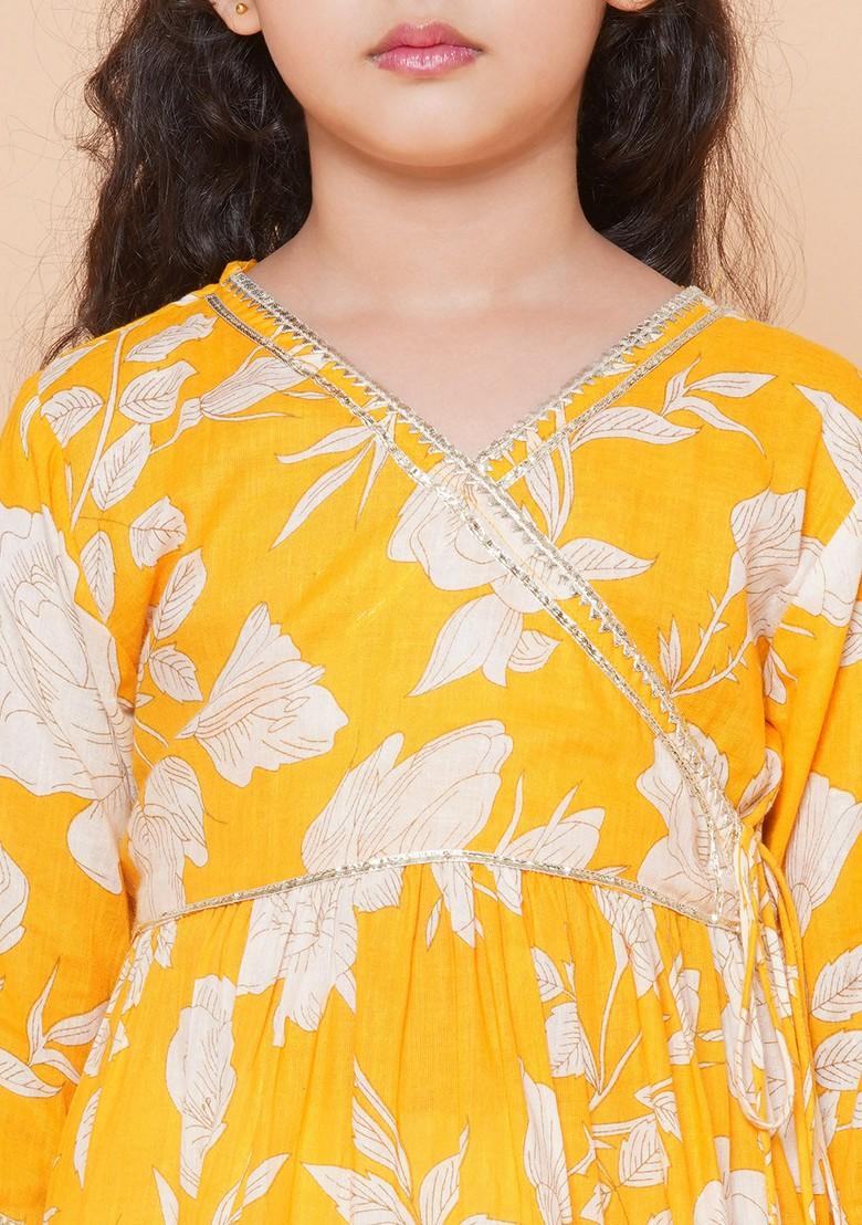 Yellow Floral Print Sharara With Angrakha Kurta And Dupatta (Set of 3)