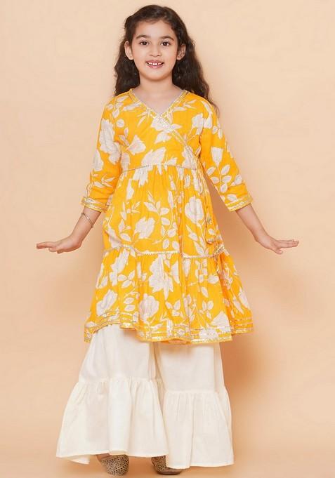 Yellow Floral Print Sharara With Angrakha Kurta And Dupatta (Set of 3)