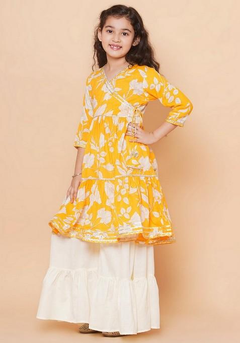 Yellow Floral Print Sharara With Angrakha Kurta And Dupatta (Set of 3)