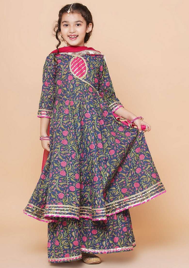 Blue Floral Print Sharara With Angrakha Kurta And Dupatta (Set of 3) - Indya