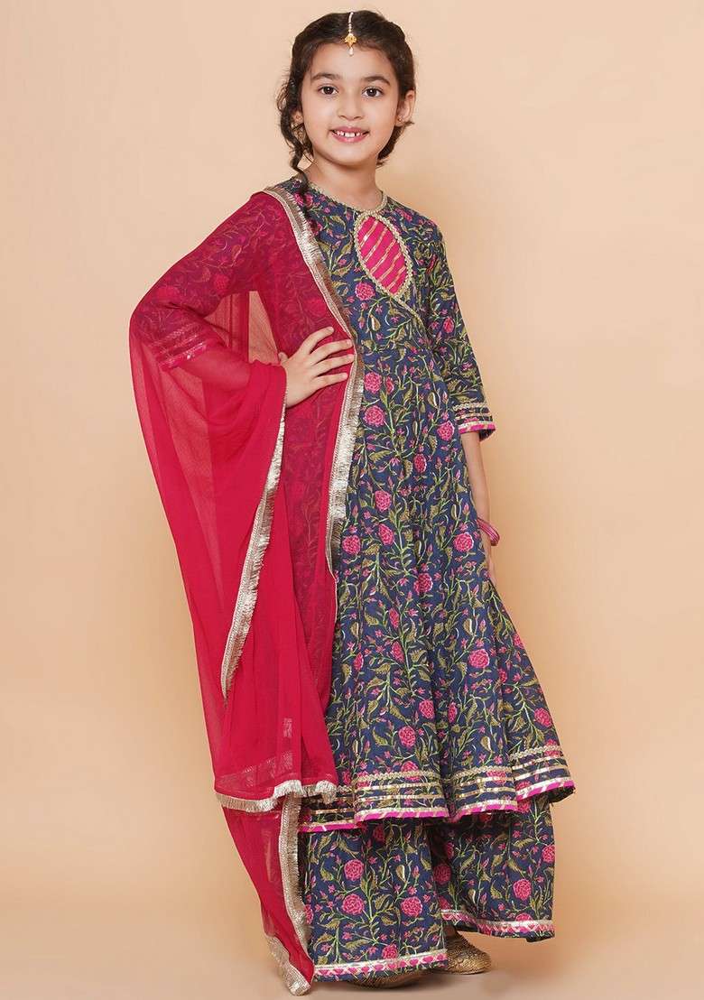 Blue Floral Print Sharara With Angrakha Kurta And Dupatta (Set of 3) - Indya