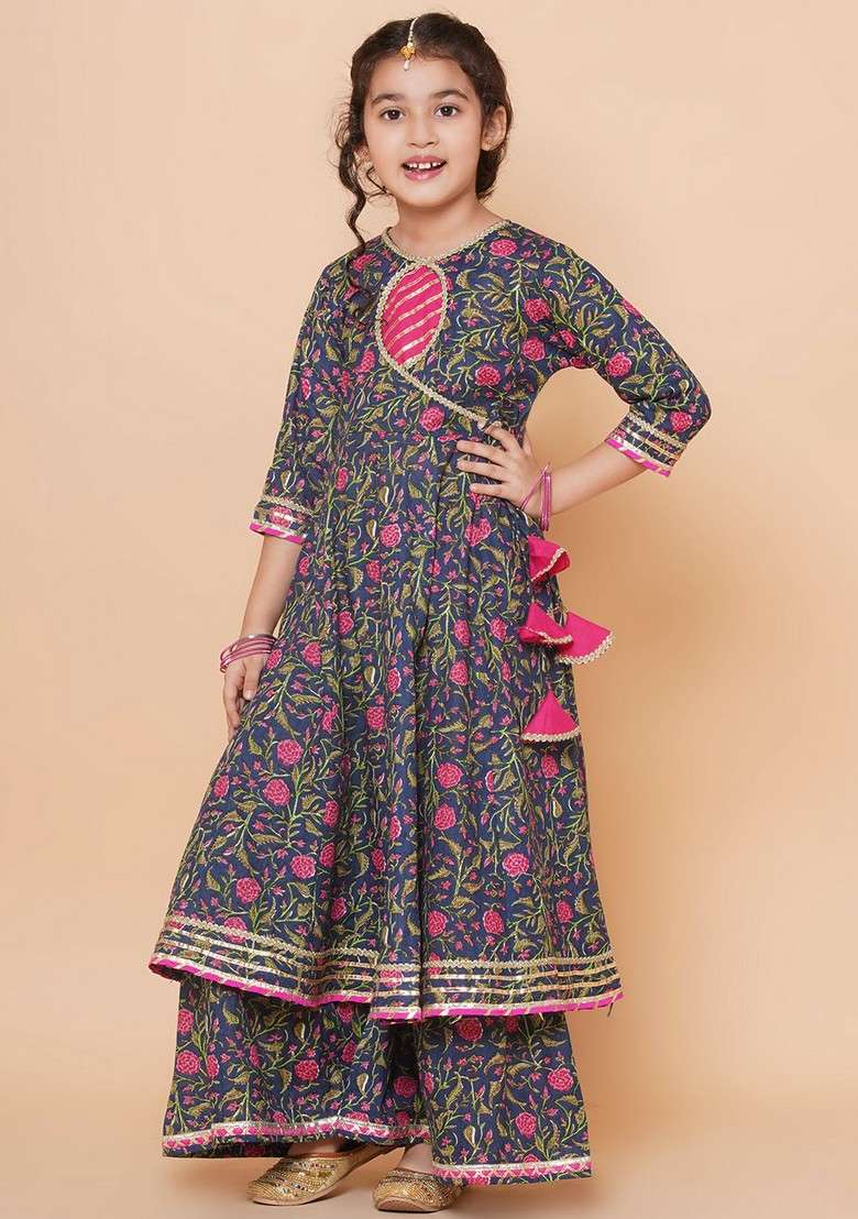 Blue Floral Print Sharara With Angrakha Kurta And Dupatta (Set of 3) - Indya