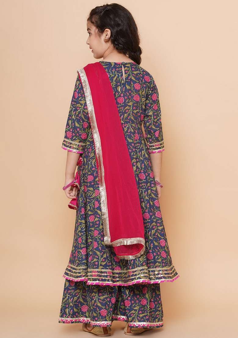 Blue Floral Print Sharara With Angrakha Kurta And Dupatta (Set of 3) - Indya