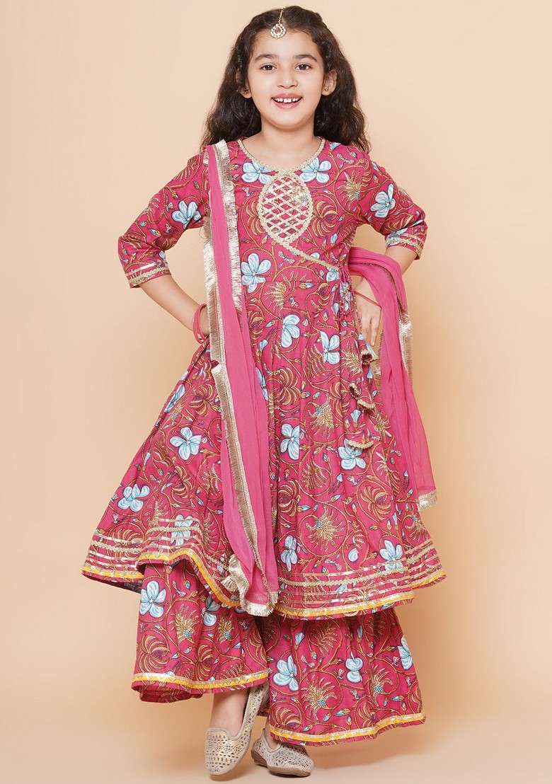 Peach Floral Print Sharara With Angrakha Kurta And Dupatta (Set of 3) - Indya