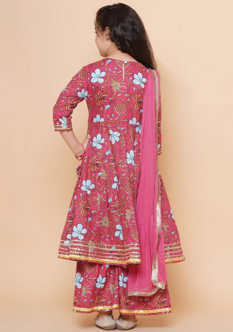 Peach Floral Print Sharara With Angrakha Kurta And Dupatta (Set of 3) - Indya