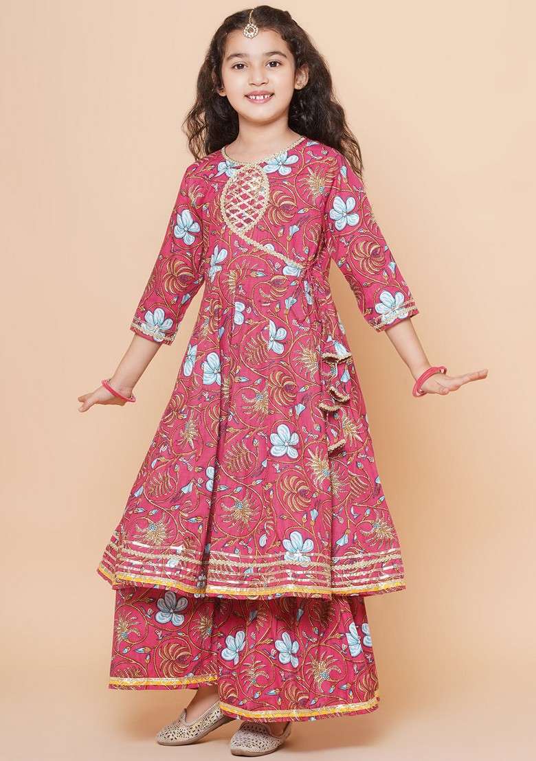 Peach Floral Print Sharara With Angrakha Kurta And Dupatta (Set of 3) - Indya