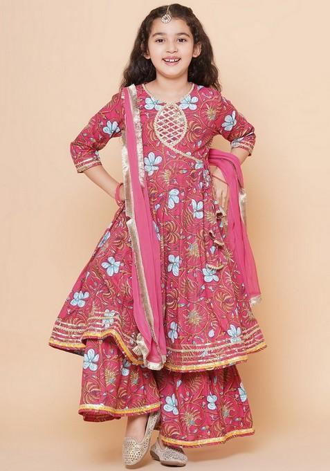 Peach Floral Print Sharara With Angrakha Kurta And Dupatta (Set of 3)