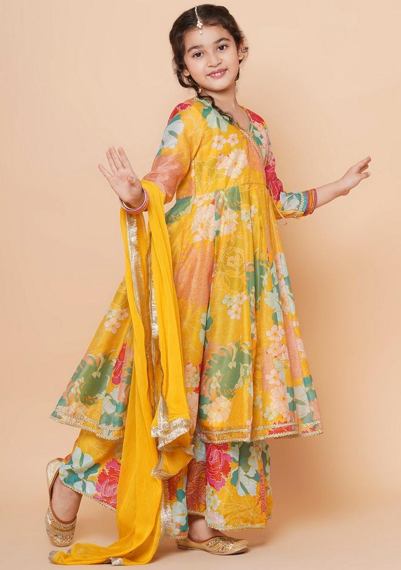 Yellow Floral Print Sharara With Angrakha Kurta And Dupatta (Set of 3)