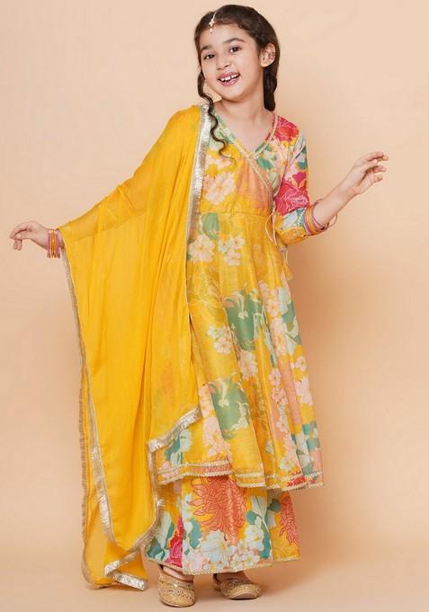 Yellow Floral Print Sharara With Angrakha Kurta And Dupatta (Set of 3)