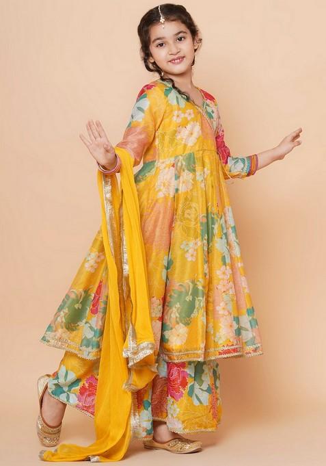 Yellow Floral Print Sharara With Angrakha Kurta And Dupatta (Set of 3)