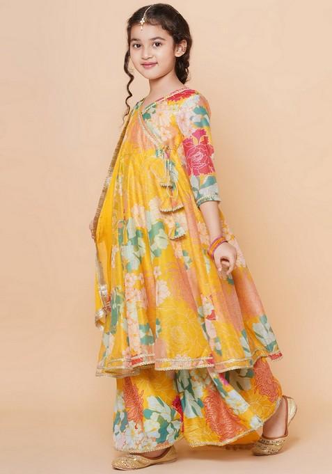 Yellow Floral Print Sharara With Angrakha Kurta And Dupatta (Set of 3)