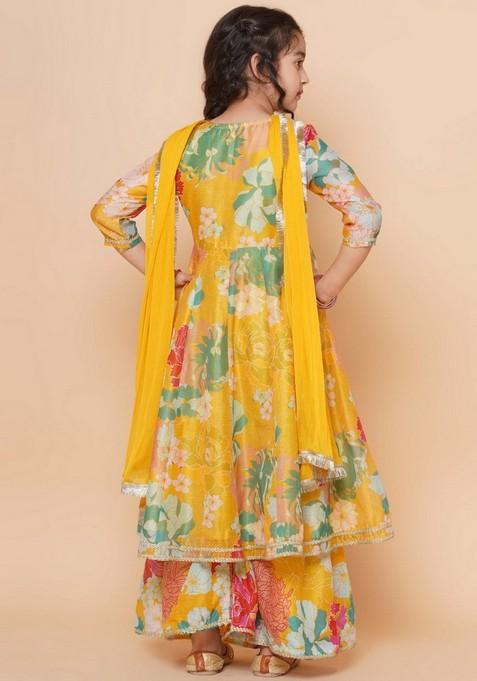 Yellow Floral Print Sharara With Angrakha Kurta And Dupatta (Set of 3)