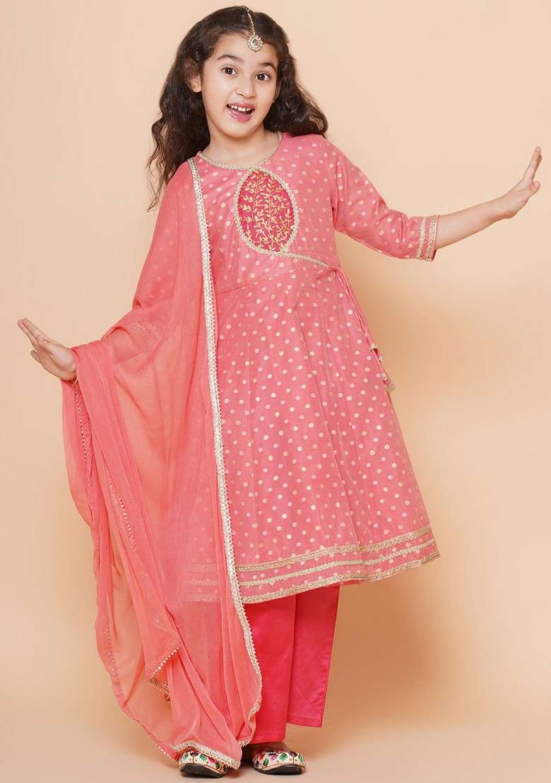 Peach Self Design Kurta With Pants And Dupatta (Set of 3) - Indya