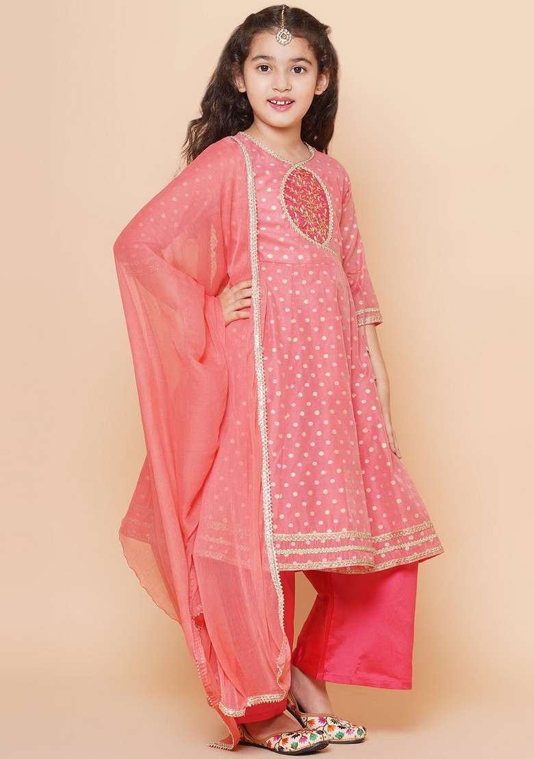 Peach Self Design Kurta With Pants And Dupatta (Set of 3) - Indya