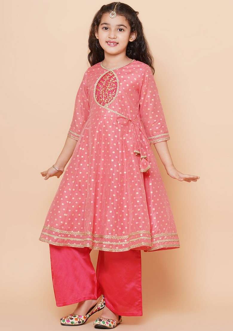 Peach Self Design Kurta With Pants And Dupatta (Set of 3) - Indya