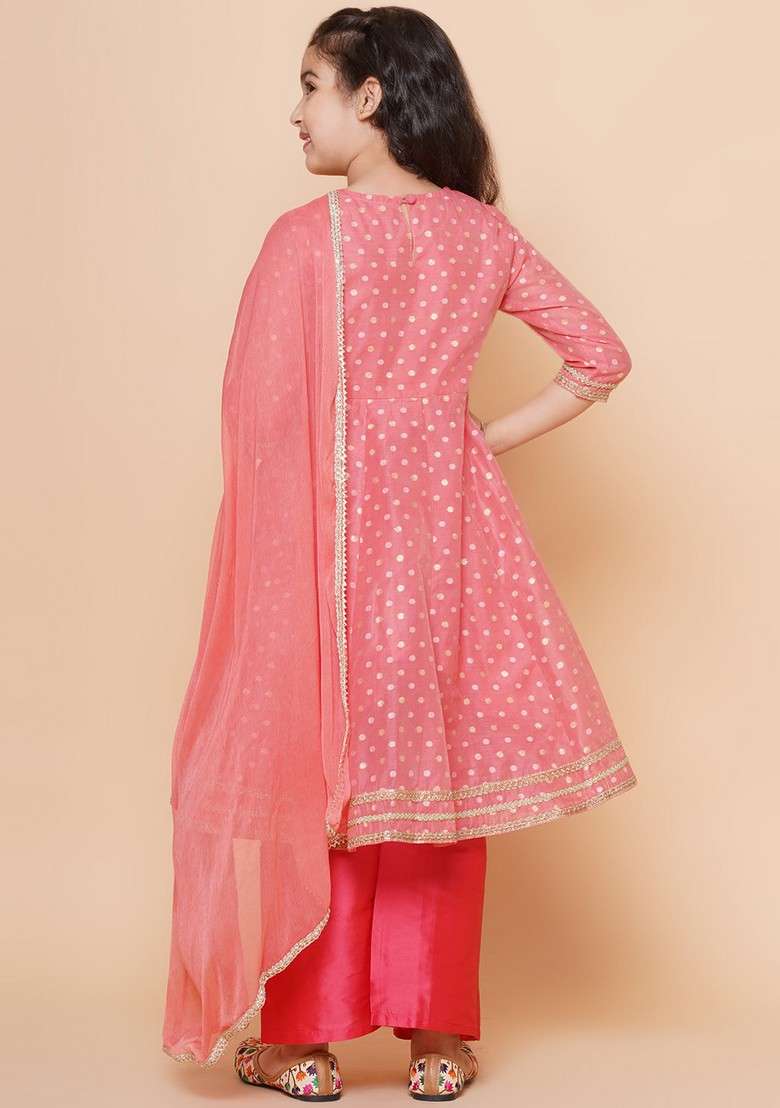 Peach Self Design Kurta With Pants And Dupatta (Set of 3) - Indya