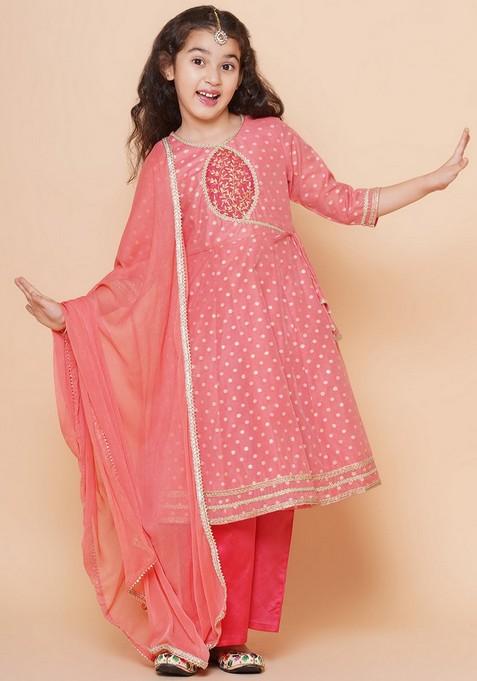 Peach Self Design Kurta With Pants And Dupatta (Set of 3)