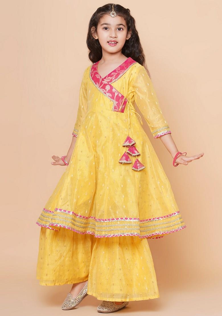Yellow Self Design Sharara With Kurta And Dupatta (Set of 3)