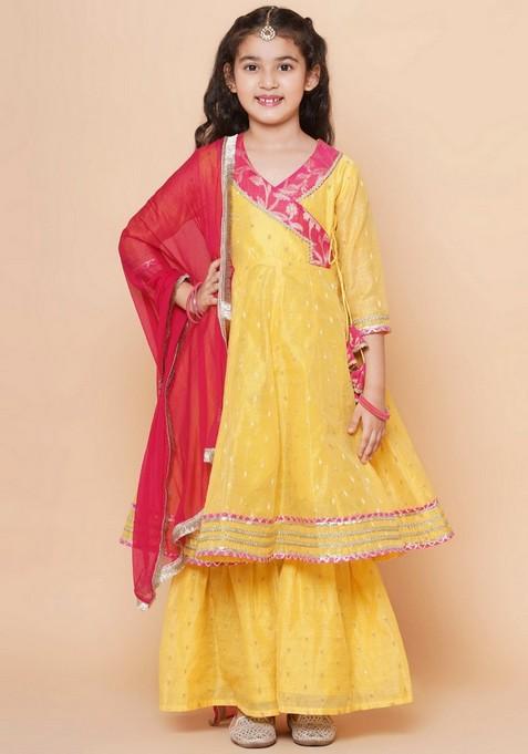 Yellow Self Design Sharara With Kurta And Dupatta (Set of 3)