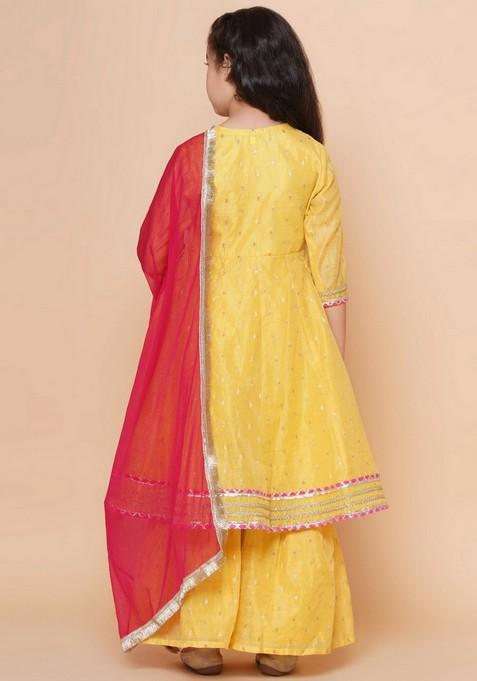 Yellow Self Design Sharara With Kurta And Dupatta (Set of 3)