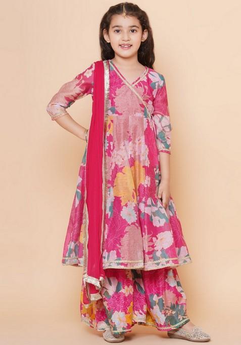 Pink Floral Print Sharara With Angrakha Kurta And Dupatta (Set of 3)