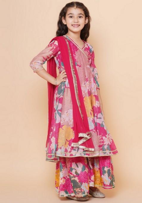 Pink Floral Print Sharara With Angrakha Kurta And Dupatta (Set of 3)