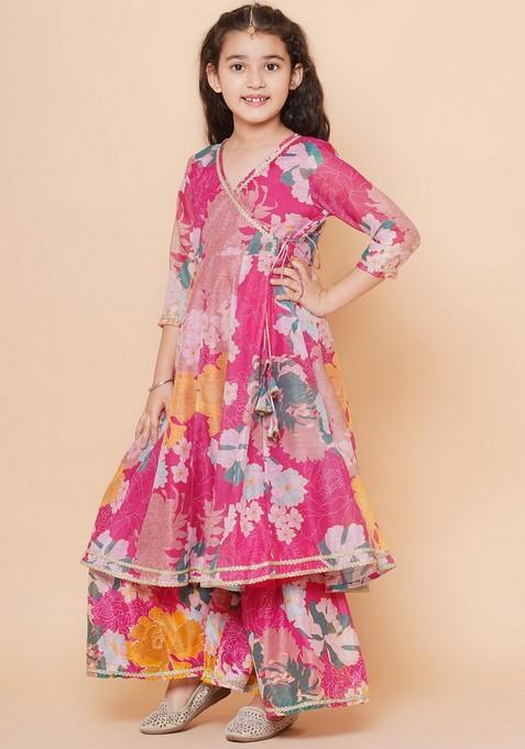 Pink Floral Print Sharara With Angrakha Kurta And Dupatta (Set of 3)