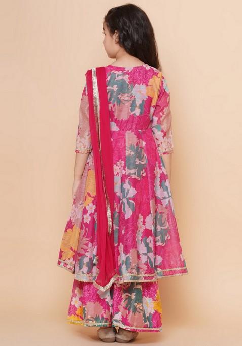 Pink Floral Print Sharara With Angrakha Kurta And Dupatta (Set of 3)