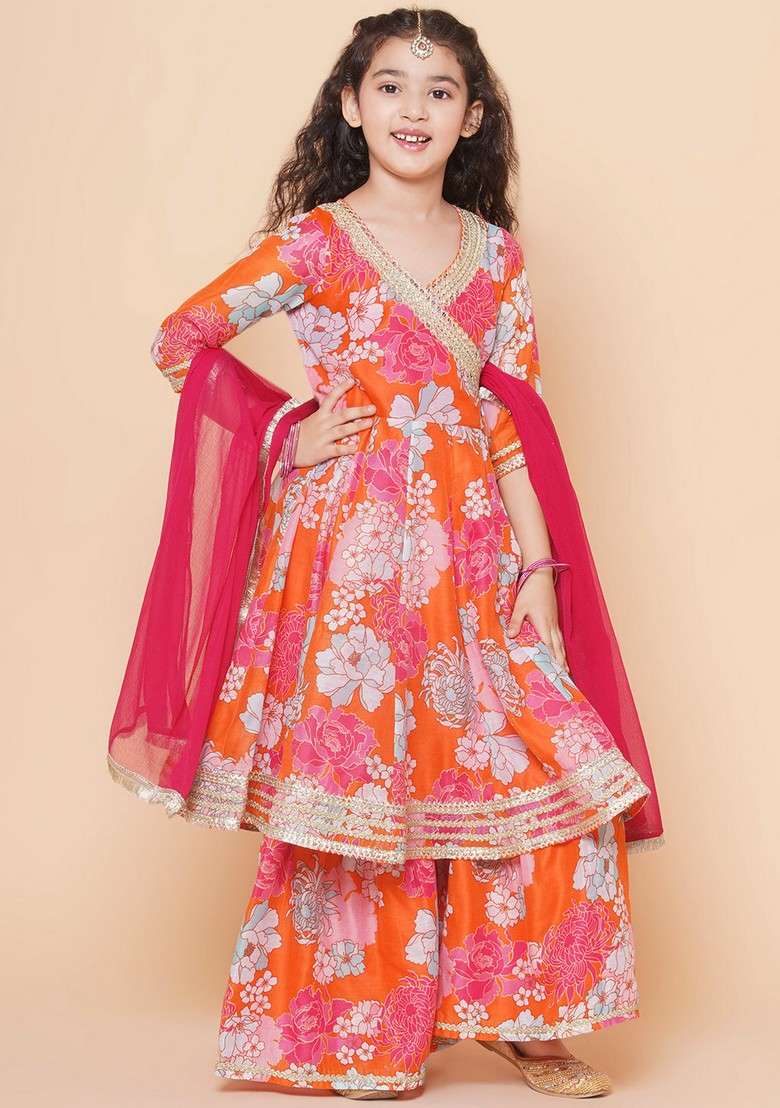 Orange Floral Print Kurta With Sharara And Dupatta (Set of 3) - Indya