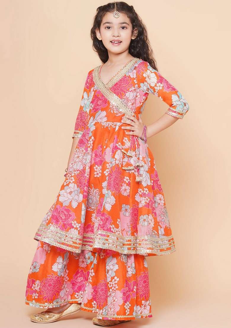 Orange Floral Print Kurta With Sharara And Dupatta (Set of 3) - Indya