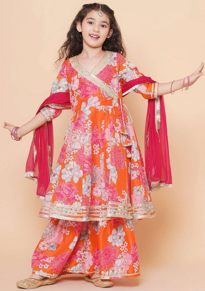 Orange Floral Print Kurta With Sharara And Dupatta (Set of 3) - Indya