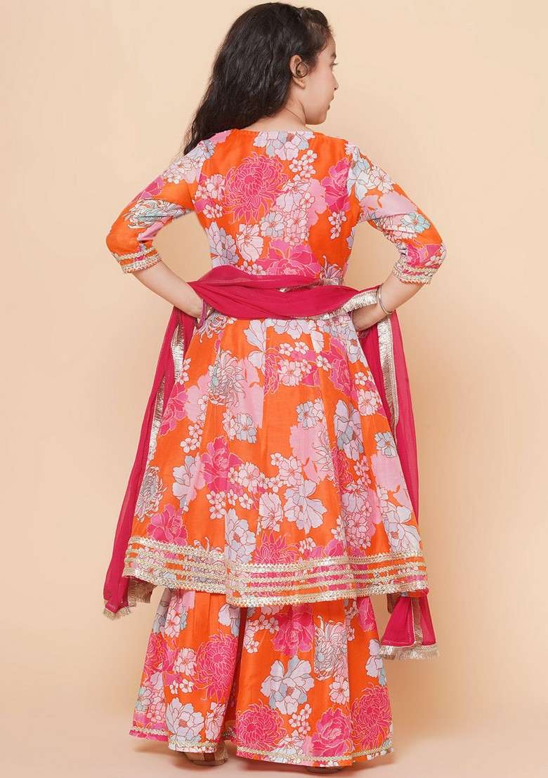 Orange Floral Print Kurta With Sharara And Dupatta (Set of 3) - Indya
