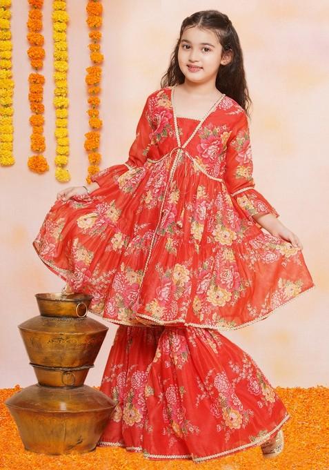 Red Floral Print Kurta With Sharara (Set of 2)