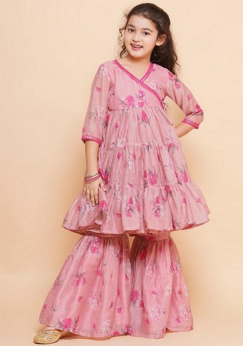 Pink Floral Print Kurta With Sharara (Set of 2)