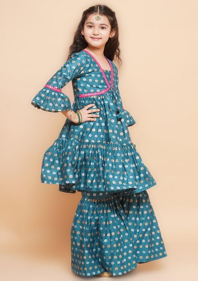 Teal Floral Print Kurta With Sharara (Set of 2)