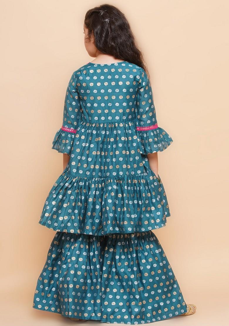 Teal Floral Print Kurta With Sharara (Set of 2)