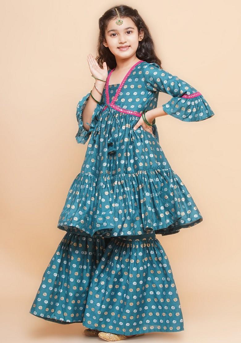 Teal Floral Print Kurta With Sharara (Set of 2)