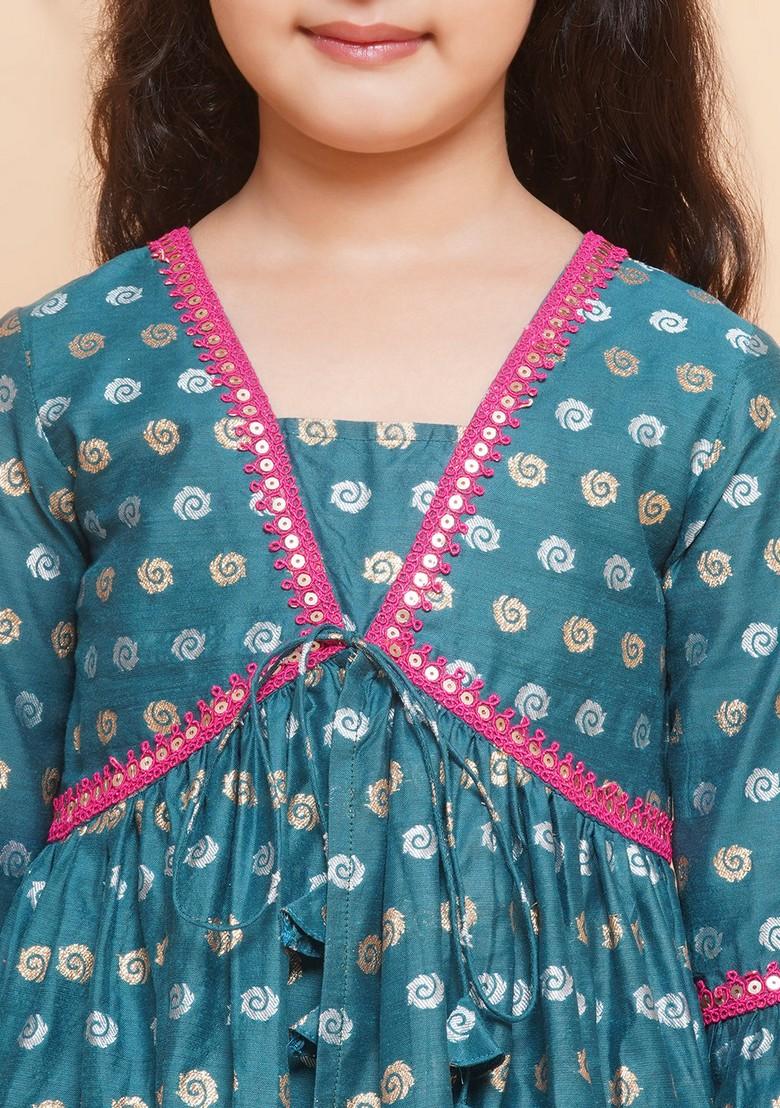 Teal Floral Print Kurta With Sharara (Set of 2)