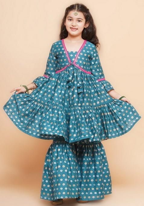 Teal Floral Print Kurta With Sharara (Set of 2)