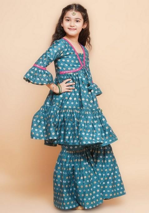 Teal Floral Print Kurta With Sharara (Set of 2)