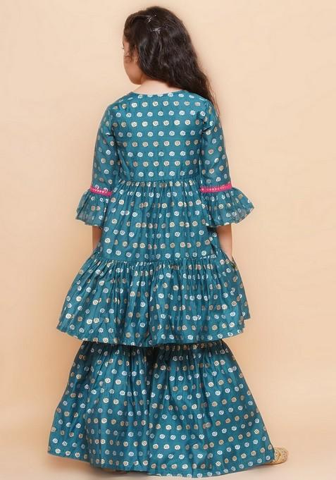 Teal Floral Print Kurta With Sharara (Set of 2)