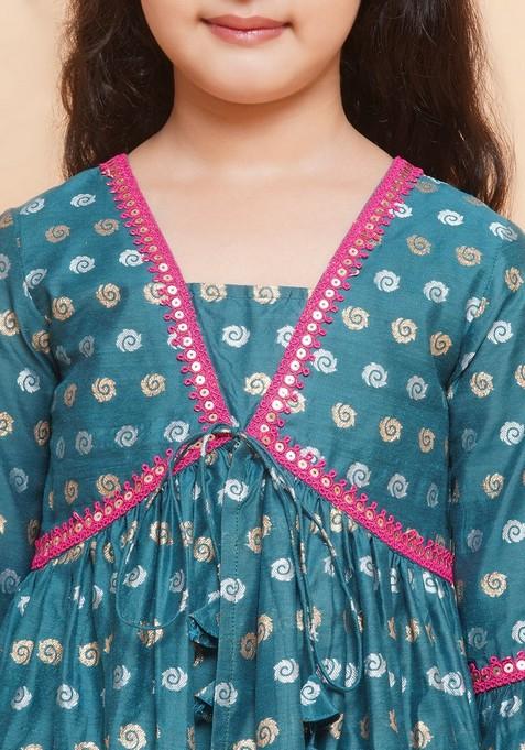 Teal Floral Print Kurta With Sharara (Set of 2)